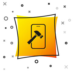 Black Smartphone with broken screen icon isolated on white background. Shattered phone screen icon. Yellow square button. Vector