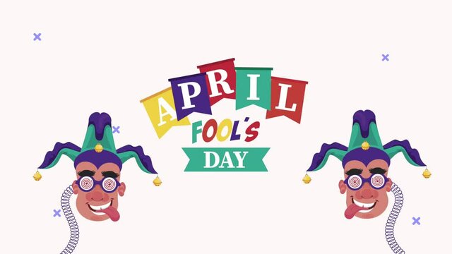 april fools day lettering with jokers jumping