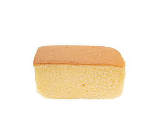 Taiwanese castella cake, a close up of homemade taiwan sponge cake bakery dessert isolated on white background.