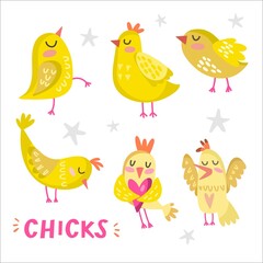 Cute doodle set of adorable chicks. Vector set of isolated illustrations in a sweet style.