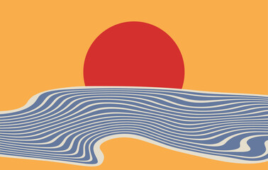 Minimalistic digital art. Wallpapers for desktop. Sunny sunset. 
Sea ​​waves on the background of the sun. Hot weather. Summertime. Warm color palette. Vector EPS 10.