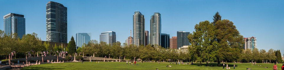 A panoramic view of Bellevue from the Downtown Bellevue Park on a beautiful summer day showing the highrise buildings in the background_05222009_4. © John