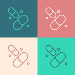 Pop art line Vitamin complex of pill capsule icon isolated on color background. Healthy lifestyle. Vector