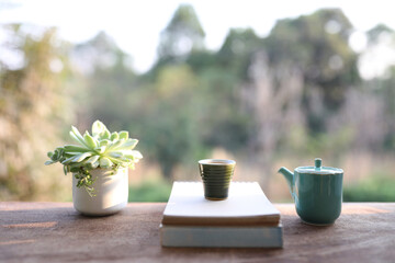 Notebooks and tea cup and blue teapot with plant pot on brown wooden table