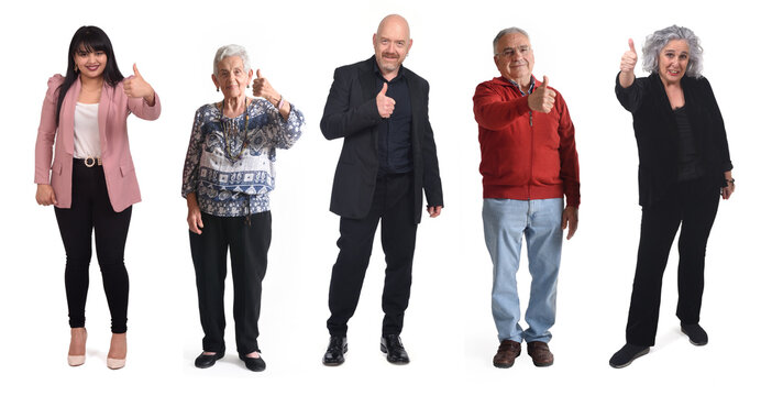 Full Portrait Of A Group Of Woman And Man With Thumbs Up On White Background