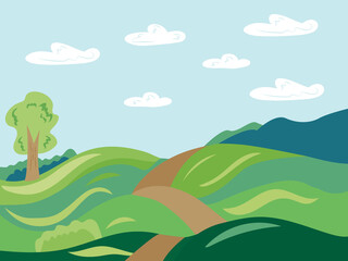 Obraz premium Vector illustration of beautiful summer fields landscape with clouds, bushes, trees