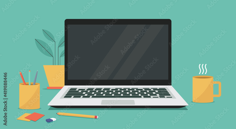 Fototapete laptop computer with blank empty display screen for copy space on workplace, vector flat illustratio