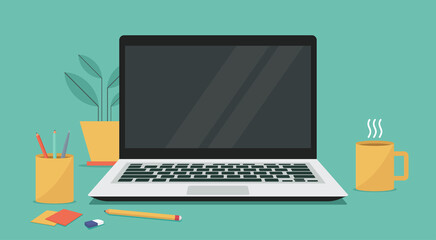 laptop computer with blank empty display screen for copy space on workplace, vector flat illustration	 - obrazy, fototapety, plakaty