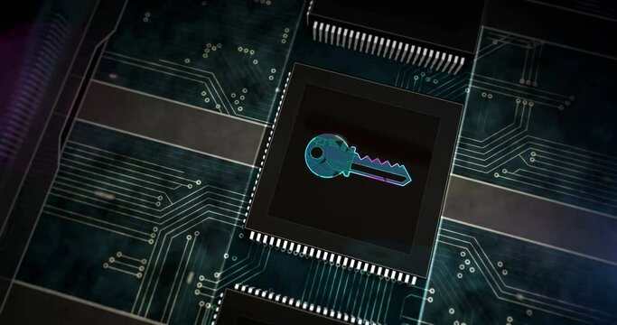 Privacy, computer password safety, data protection and encryption key symbol. Cyber security concept. CPU production abstract 3d rendering loopable seamless animation. Processor with laser burning.