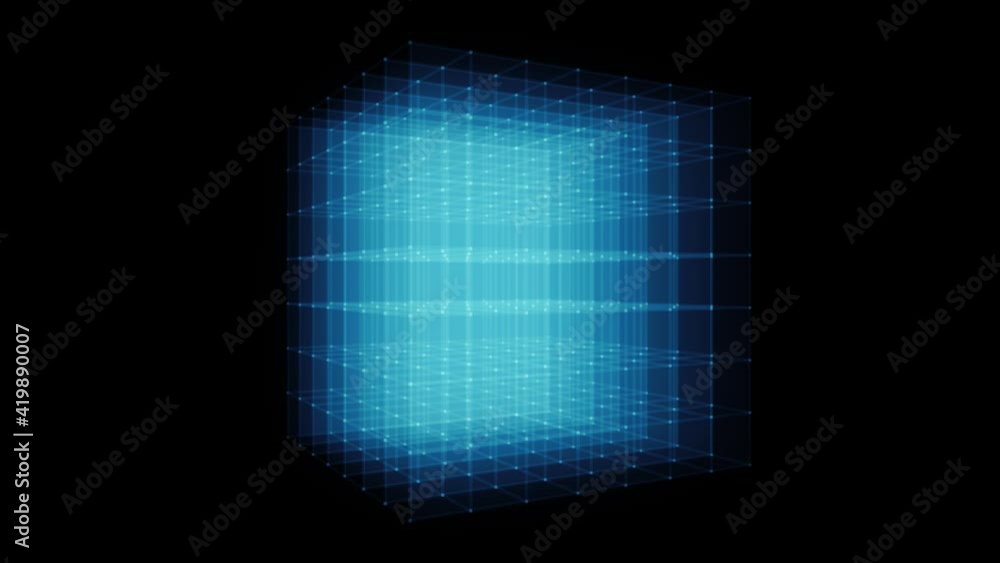 Poster 3d cube box with glowing strokes spinning/ 4k animation of an abstract minimal background with outli