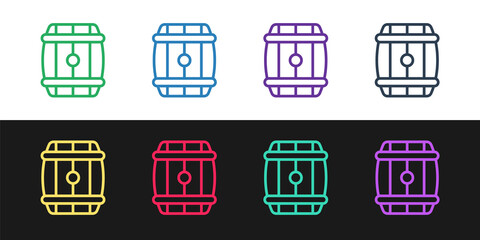 Set line Wooden barrel icon isolated on black and white background. Alcohol barrel, drink container, wooden keg for beer, whiskey, wine. Vector