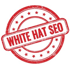 WHITE HAT SEO text on red grungy round rubber stamp.