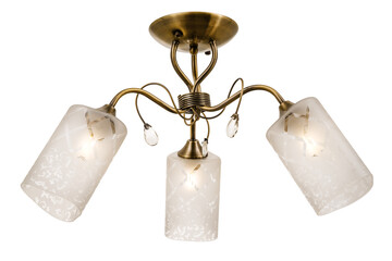 A bronze three-lamp ceiling lamp with frosted glass shades in the form of an elongated triangular...