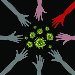 Vector illustration of a coronavirus infection infecting the population through dirty hands