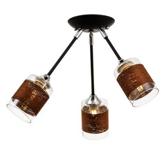 Black three-lamp ceiling lamp with cylindrical glass shades with a brown cord wound around. Isolated on white background