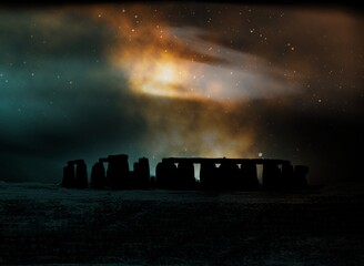 stylized megalith silhouetted against dramatic evening sky - obrazy, fototapety, plakaty