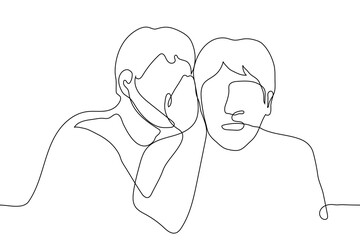 two men whispering - one line drawing. the man put his hand to his partner's ear, they both look at the viewer