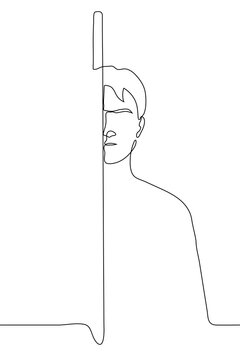 Man Peeking Around The Corner - One Line Drawing. The Concept Of Peeping, Spying, Stalking, Watching From Under Cover, Poor Cover, Peeping At Someone