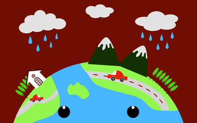 vector world landscape surface with trees, clouds, mountain, car icon on the road illustration