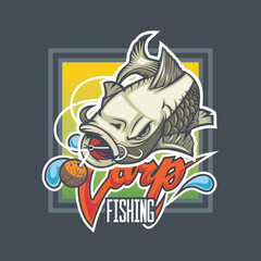Carp Fishing logo with fish and bait.