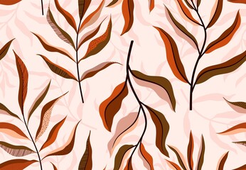 Tropische Blätter handgezeichnetes nahtloses Muster. Botanisches trendiges Design in rosa und grünen Farben. Vektor wiederholendes Design für Stoff, Tapeten oder Wickelpapiere.