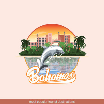 Illustration of the Bahamas with a playing dolphin and hotels in the background.