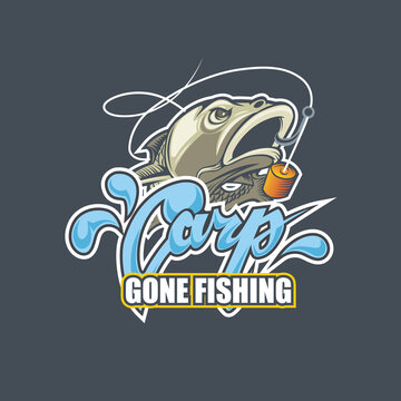 Gone fishing logotips nice title Carp and fish swallows the bait.