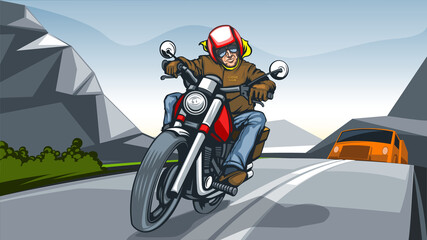 Illustration landscape with a motorcycle rider. © slava