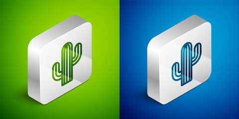 Isometric line Cactus icon isolated on green and blue background. Silver square button. Vector