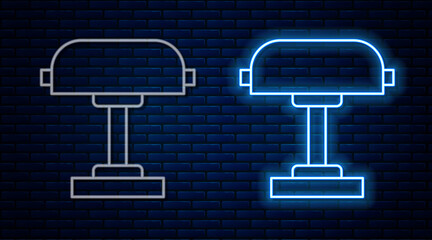 Glowing neon line Table lamp icon isolated on brick wall background. Desk lamp. Vector
