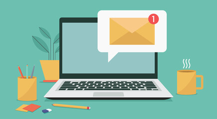 new email notification on laptop computer display screen concept, vector flat illustration	