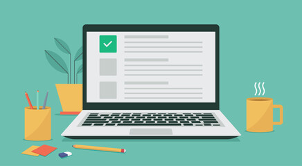 online exam choice or survey concept on laptop computer screen, checklist document on browser window, vector flat illustration