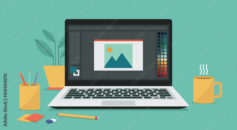 Aufkleber photo or image editing program software on laptop computer screen for designer user, vector flat ill