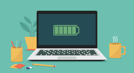 Laptop computer with full battery icon on screen, vector flat illustration © ST.art