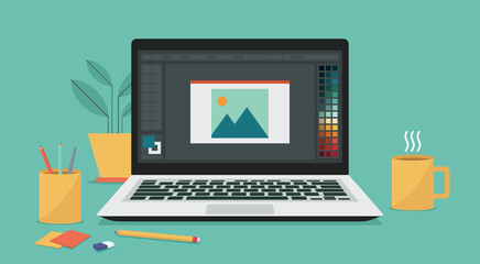 photo or image editing program software on laptop computer screen for designer user, vector flat illustration	 - obrazy, fototapety, plakaty