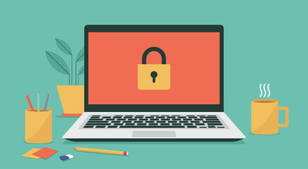 computer system security concept with padlock icon on laptop screen, vector flat illustration	
 - obrazy, fototapety, plakaty