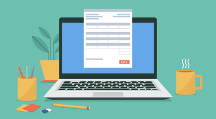 online payment on laptop computer with electronic receipt or financial transaction, vector flat illustration	