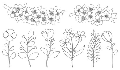 Set spring flowers black and white coloring vector illustration