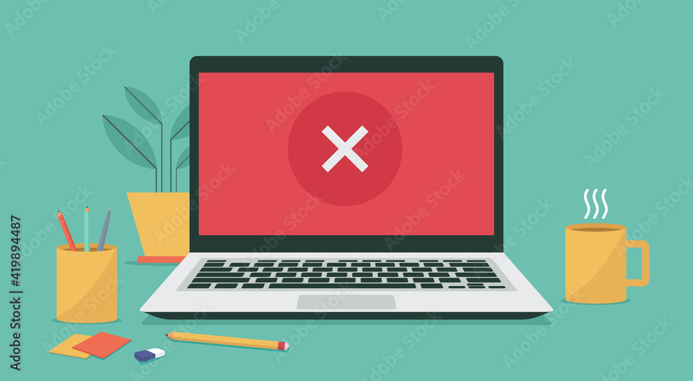 Poster system access denied concept, incorrect or wrong cross x mark concept on laptop computer screen, vec