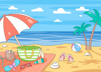 Fototapeta na wymiar Beach Vacation Background. Summer Time illustration for banner, poster, ad, etc. Beach umbrella, palms, sea and flip-flops. Beach season with sea views. Sunny seascape on the beach. Summer sale vector
