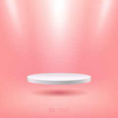 Abstract vector rendering 3d shape for cosmetic products display presentation. Modern floating white cylinder pedestal podium with light pink empty room background. Pastel minimal scene studio room.