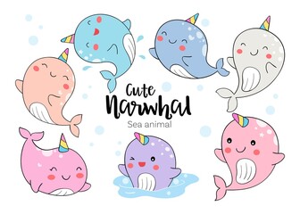 Draw cute narwhal Sea animal Doodle cartoon style © anchalee