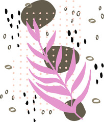 minimalistic twig against the background of dots, circles and blots. Hand drawing pastel beige colors with black dots