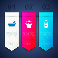 Set Mortar and pestle, Cake and Bottle with milk. Business infographic template. Vector