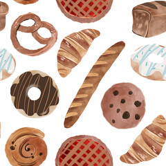 Brown desserts seamless pattern baguette, baton pie pasty cake croissant oo