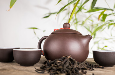 tea ceremony chinese teapot made of yixing ceramics - obrazy, fototapety, plakaty
