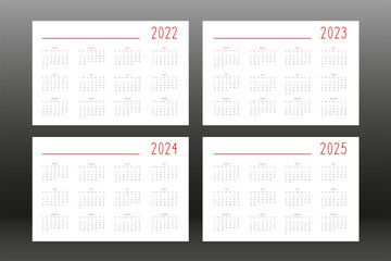 2022 2023 2024 2025 calendar for personal planner diary notebook, cute minimalists style. individual schedule calendar for notebooks. Week starts on sunday