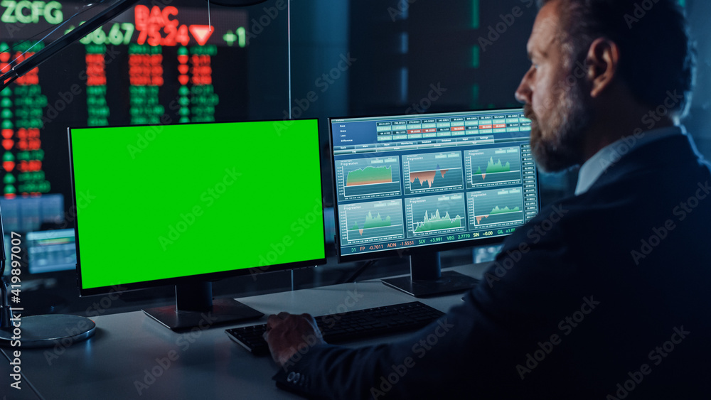 Aufkleber Professional Financial Data Analysts Working on a Computer with Green Screen in Modern Monitoring Office with Live Analytics Feed on a Big Digital Screen. Monitoring Room with Finance Specialists. 
