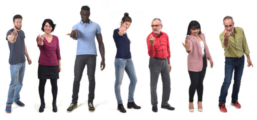 a group of men and women who say come with your fingers on white background - obrazy, fototapety, plakaty