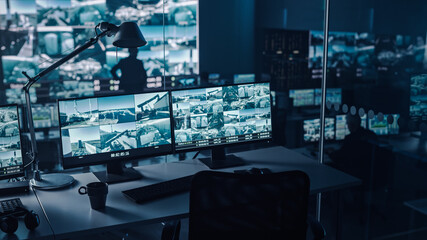 Two Digital Computer Screens with Surveillance CCTV Video in a Harbour Monitoring Center with Multiple Cameras on a Big Digital Screen. Employees Sit in Front of Displays with Big Data - Powered by Adobe